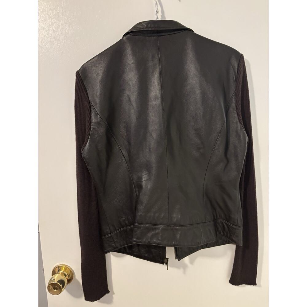 Cache Brown Leather Jacket Ribbed Knit Sleeves Boho Feminine Size L - Picture 5 of 6